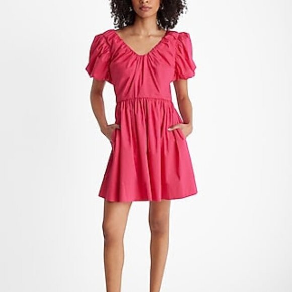 NWT V-NECK PUFF SLEEVE POPLIN MINI DRESS - Picture 1 of 6